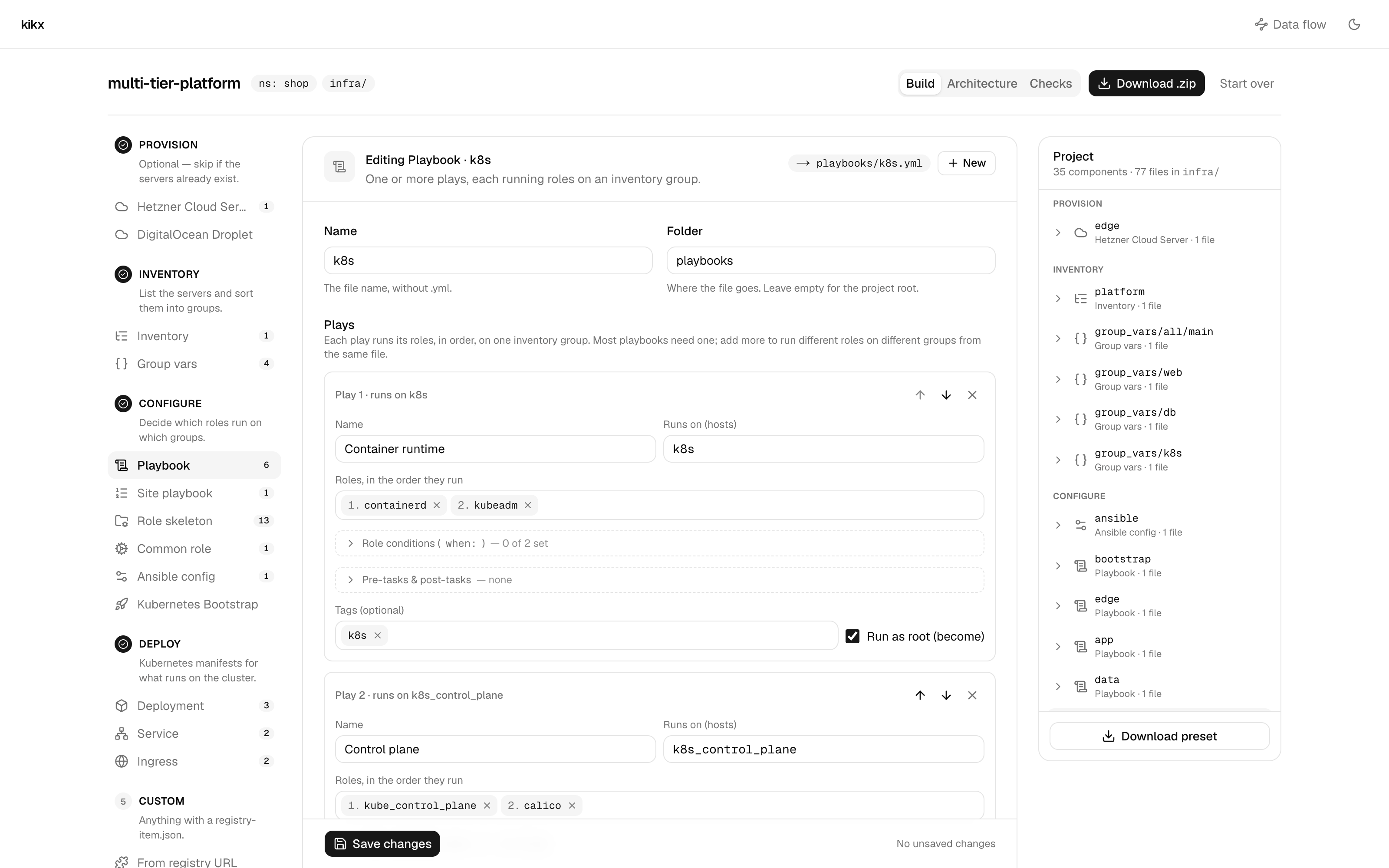 The builder: stages on the left, the editor in the middle, the project on the right